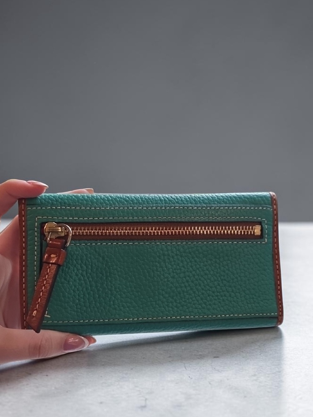 Dooney & Bourke Teal Pebbled Leather Wallet with Brown Trim - Picture 2 of 5